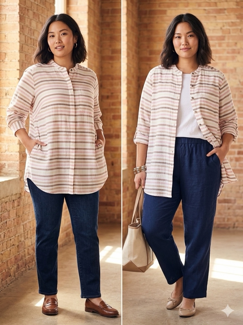 Lands' End Striped Button-Front Tunic in Blush and Ivory Plus Size 3X